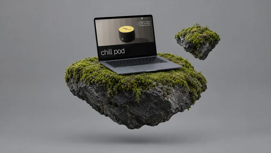 Chill Pod website on a laptop on a floating mossy rock