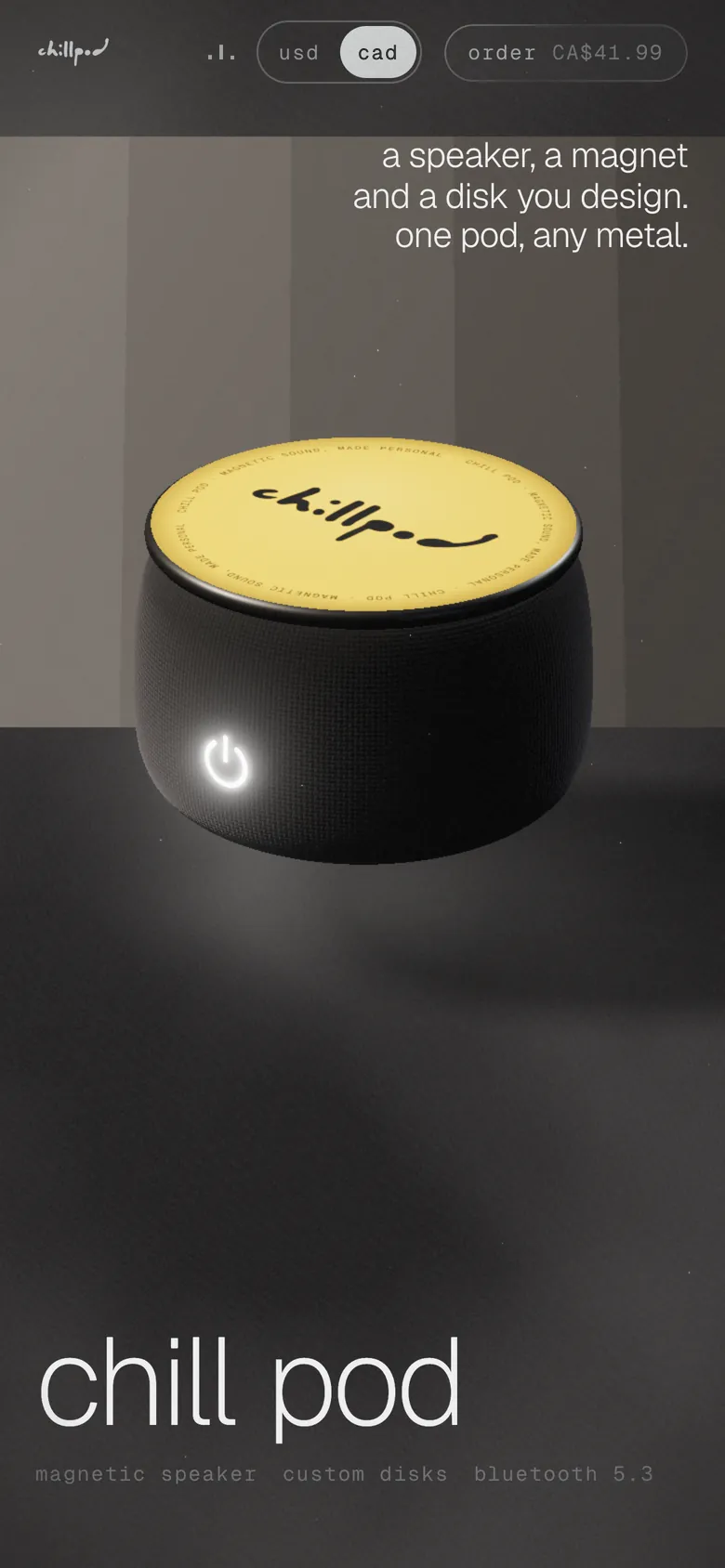 Chill Pod website on a phone, screen 1