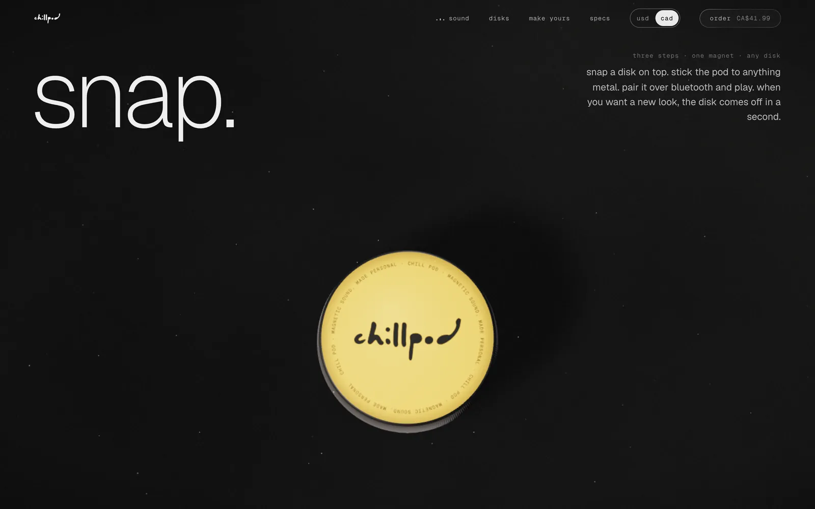 Chill Pod website, snap. play. swap., screen 1