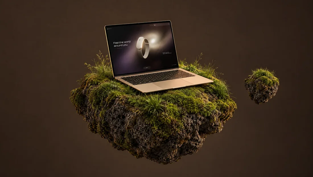 Hapty website on a laptop on a floating mossy volcanic rock