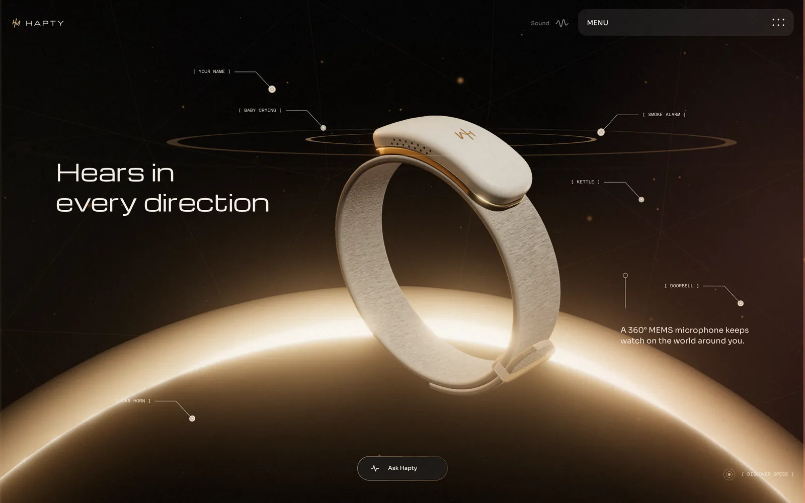 Hapty website, hears in every direction, screen 1