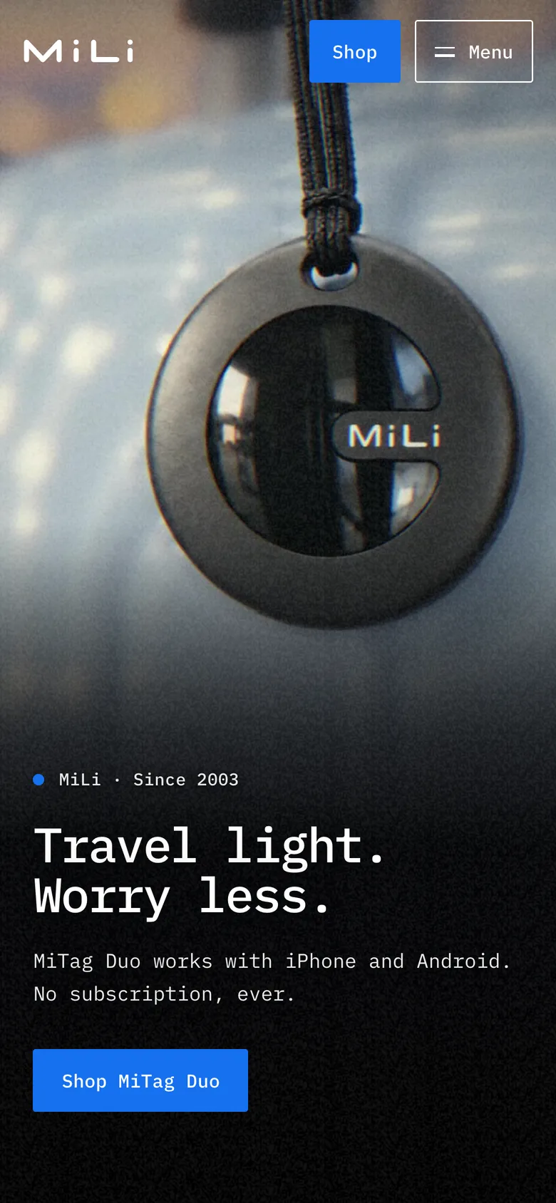 MiLi website on a phone, screen 1