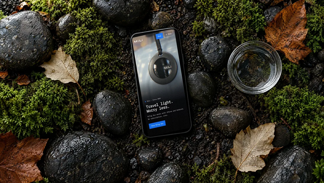 MiLi website on a phone lying among dark stones, moss and leaves